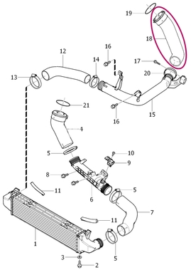 Hose without resonator from turbocharger to intercooler pipe 4 cylinder engines (2014-) 2.0 D3/D4/D5 P3 SPA