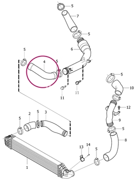 Hose from aluminum charger pipe directing to intercooler 5 cylinder engines 2.0 D3/D4/2.4D/D5 (2011-) P1